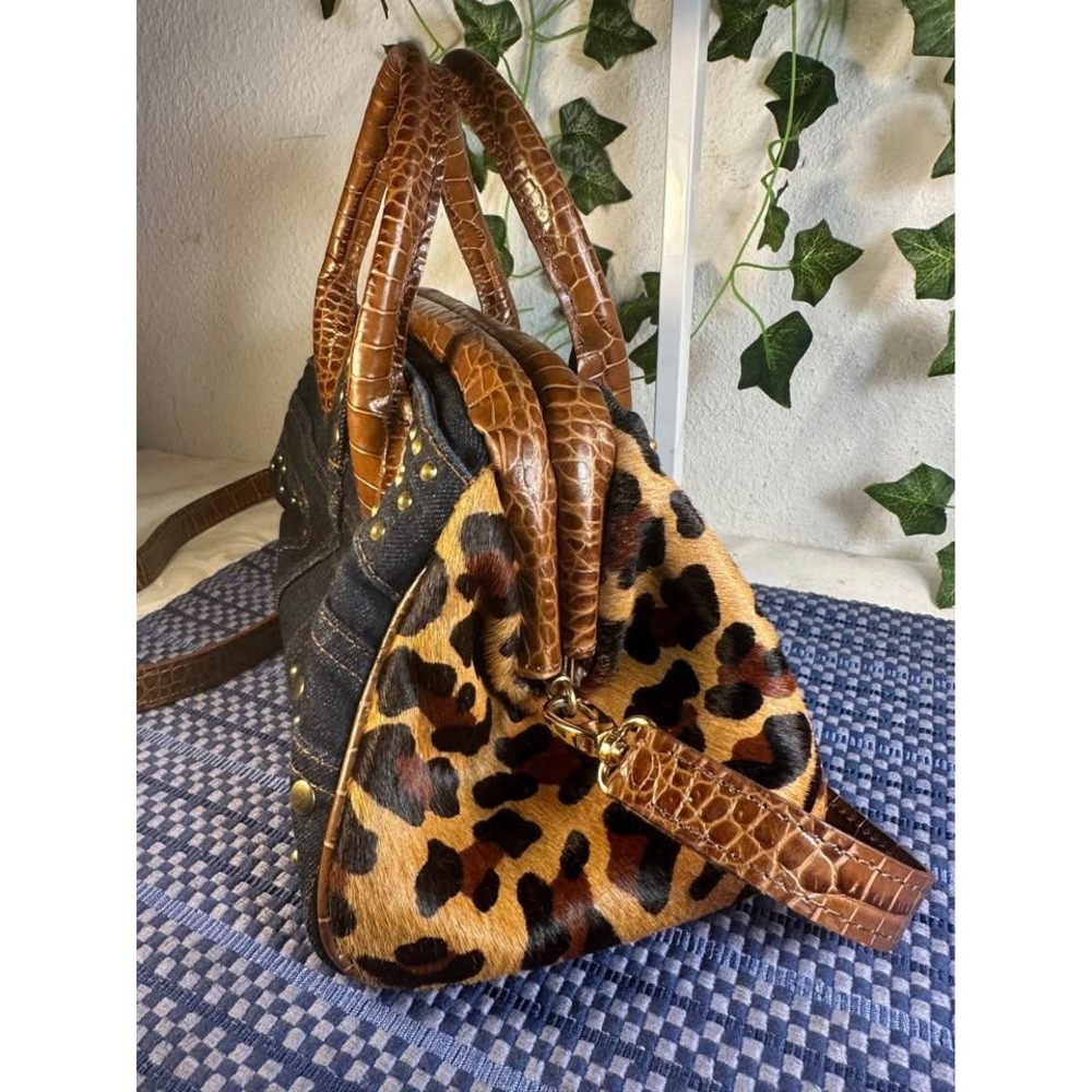 Clever Carriage Company Denim Studded Leopard-Print Cowhair Dr. Satchel - Picture 5 of 7